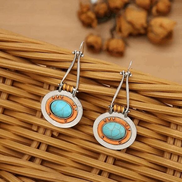 Western Boho Turquoise Dual Color Dangle Earrings - Picture 4 of 7